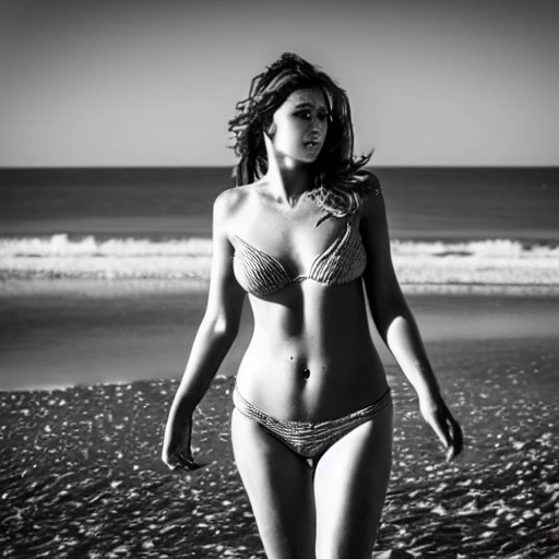 una hermosa mujer mostrando su cuerpo en una playa, caracteristicas faciales claras, una lente de 70 mm, f 1/8, iluminacion estilo beauty, Trippy