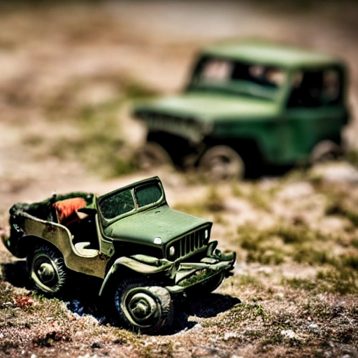 

macro photo of a toy car green military jeep willys old and rusty in the floor of a war zone, vintage style, ultra detailed
