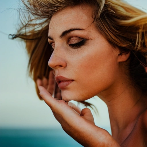 una hermosa mujer rubia mostrando su cuerpo en una playa, mostrando su rostro, imagen con colores vividos, una lente de 70 mm, f 1/8, una luz de contraluz, Trippy