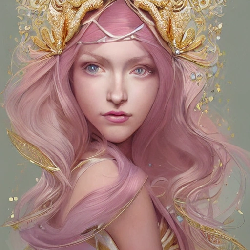 light pink and gold and white , full-head Beautiful fantasy princess , mid-shot, intricate detailed sharp freeform headdress, correct face, elegant, centered head, sharp face, highly detailed, digital painting, colorful, beautiful colors, artstation, concept art, smooth, illustration, art by Krenz Cushart, Pencil Sketch