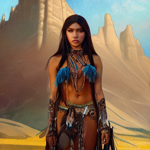 mdjrny-v4 style portrait photograph of Madison Beer as Pocahontas, young beautiful native american woman, perfect symmetrical face, feather jewelry, traditional handmade dress, armed female hunter warrior, (((wild west))) environment, Utah landscape, ultra realistic, concept art, elegant, ((intricate)), ((highly detailed)), depth of field, ((professionally color graded)), 8k, art by artgerm and greg rutkowski and alphonse mucha