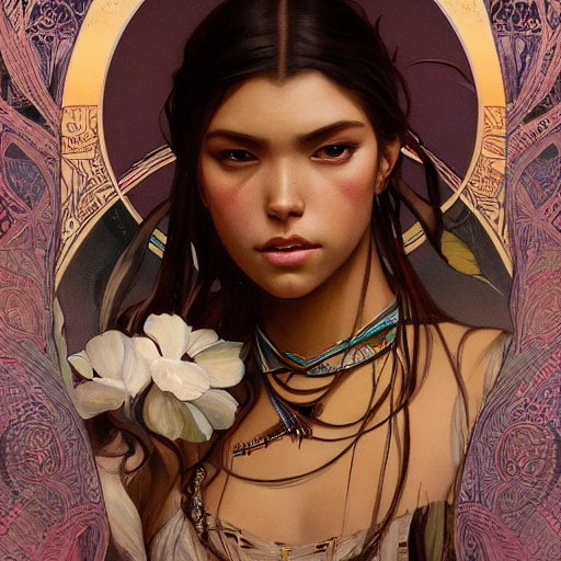 mdjrny-v4 style portrait photograph of Madison Beer as Pocahontas, young beautiful native american woman, perfect symmetrical face, feather jewelry, traditional handmade dress, armed female hunter warrior, (((wild west))) environment, Utah landscape, ultra realistic, concept art, elegant, ((intricate)), ((highly detailed)), depth of field, ((professionally color graded)), 8k, art by artgerm and greg rutkowski and alphonse mucha, Oil Painting