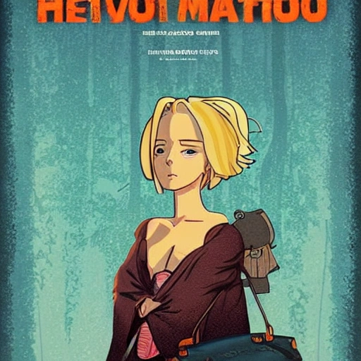 A playful movie poster featuring a portrait of a nude Beautiful woman with blond hair in a post-apocalyptic wasteland. Beautiful lighting and intricate details. In the style of Hayao Miyazaki