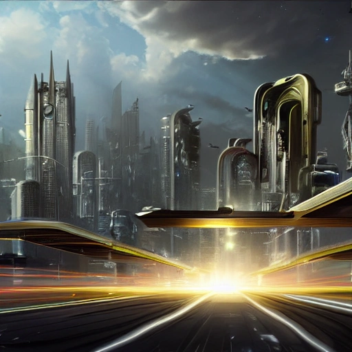 A stunning digital image of a futuristic cityscape showcasing the advanced design and technology of a modern civilization, rendered in a highly detailed, cinematic, on-trend style on Artstation. The city must be dominated by towering buildings, each with a unique shape and a shiny facade made of innovative materials, in the background a futuristic gas station with large fuel tanks and hoses leaking gas. The lighting should be dynamic, with vivid multi-hues electrifying the urban landscape, and the holographic fountains should be floating in the air, surrounded by lush gardens and futuristic sculptures. The background should be a smooth expanse of space, with stars and planets twinkling in the distance, creating a stunning contrast between the organic beauty of the city and the endless expanse of space. The resulting digital image should be epic, exciting and capture a melancholic, heavenly atmosphere, with soft lighting and the use of HDRI for maximum realism. The image must display the highest level of professionalism, using industry leading equipment such as 35mm, Zeiss, Hasselblad, Fujifilm, Arriflex, IMAX, and be available in resolutions up to 8k. The image should be hyper-realistic, feature lens flare, and resemble a matte painting or concept art, with smooth rendering and highly detailed architectural features, all while maintaining CGSociety and Octane Render standards and quality. Overall, the resulting image should be an exemplary piece of digital art that is highly detailed, inspiring, and worthy of being featured in a magazine or as a high-quality wallpaper.