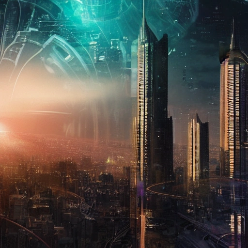 A stunning digital image of a futuristic cityscape showcasing the advanced design and technology of a modern civilization, rendered in a highly detailed, cinematic, on-trend style on Artstation. The city must be dominated by towering buildings, each with a unique shape and a shiny facade made of innovative materials, in the background a futuristic gas station with large fuel tanks and hoses leaking gas. The lighting should be dynamic, with vivid multi-hues electrifying the urban landscape, and the holographic fountains should be floating in the air, surrounded by lush gardens and futuristic sculptures. The background should be a smooth expanse of space, with stars and planets twinkling in the distance, creating a stunning contrast between the organic beauty of the city and the endless expanse of space. The resulting digital image should be epic, exciting and capture a melancholic, heavenly atmosphere, with soft lighting and the use of HDRI for maximum realism. The image must display the highest level of professionalism, using industry leading equipment such as 35mm, Zeiss, Hasselblad, Fujifilm, Arriflex, IMAX, and be available in resolutions up to 8k. The image should be hyper-realistic, feature lens flare, and resemble a matte painting or concept art, with smooth rendering and highly detailed architectural features, all while maintaining CGSociety and Octane Render standards and quality. Overall, the resulting image should be an exemplary piece of digital art that is highly detailed, inspiring, and worthy of being featured in a magazine or as a high-quality wallpaper.