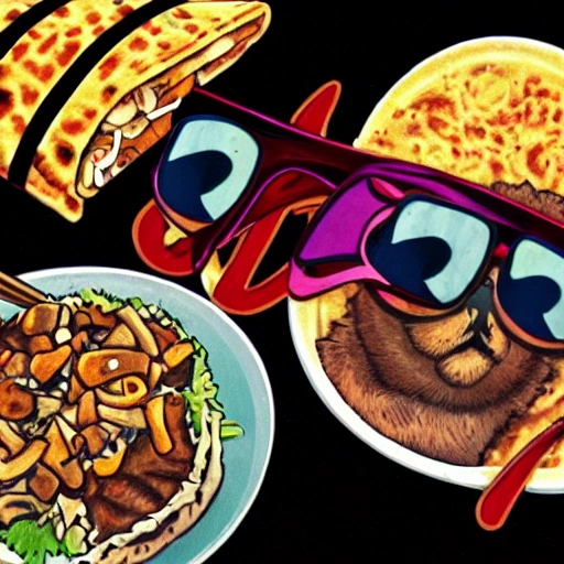 An hyper-detailed Lama animal with sunglasses calm and eating a mushroom burrito dish. Make the image in choby cartoon style