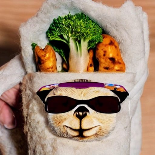 An hyper-detailed Lama animal with sunglasses calm, holding with its paws a mushroom burrito dish, with the intention to eat it. Make the image in cute-rude cartoon style