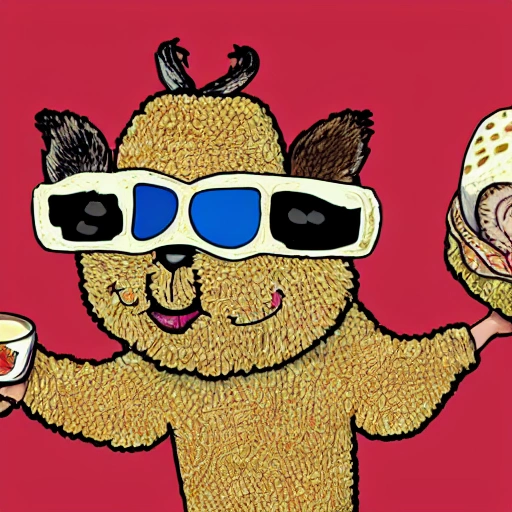 An hyper-detailed Lama animal with sunglasses calm, holding with its paws a mushroom burrito dish, with the intention to eat it. Make the image in cute-rude cartoon style