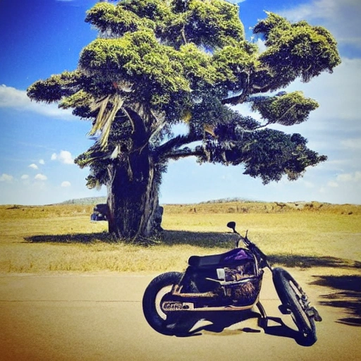 An hyper-detailed Lama animal with sunglasses calm under a tree
and it is dressed like a motorcycle guy