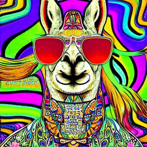 A deep detailed Lama animal with sunglasses, Trippy, Phychotic, Psychodelic