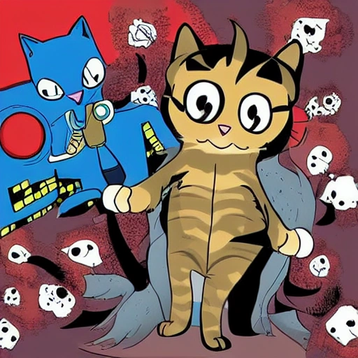 A cat with super powers and a special suit, cartoon, horror, rock