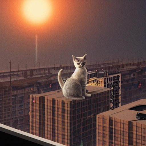 A stray cat sitting on top of a building looking at the horizon where there are cars flying, smog and darkness, 3D, Hyper-detailed, Wonderful