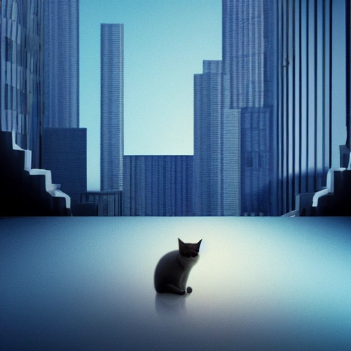 A stray cat in the foreground sitting on the edge of a high-rise building the horizon, where there are cars flying, and blue lights, 3D, Hyper-detailed, Wonderful