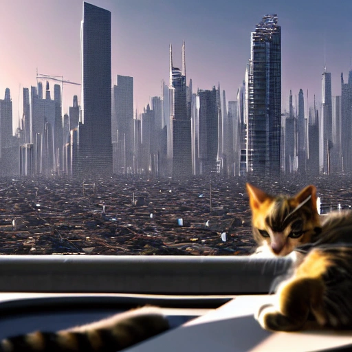 A stray cat in the foreground sitting on the edge of a high-rise building the skyline, where there are cars and robots flying in the background, 3D, Hyper-detailed, Sic-fi