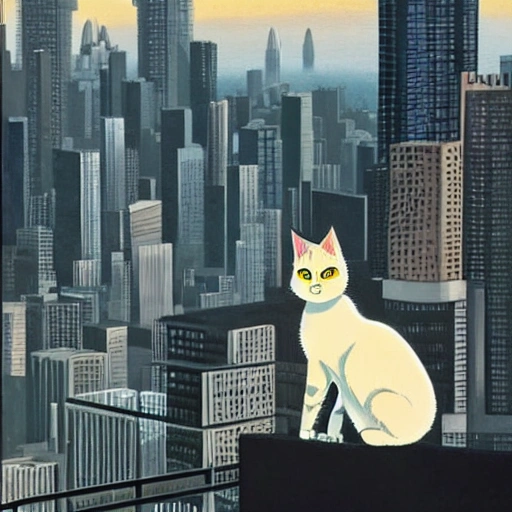 A stray cat in the foreground sitting on the edge of a high-rise building the skyline, where there are cars and robots flying in the background, Ghibli, Soft painting