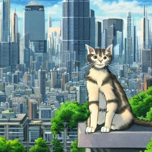 A stray cat in the foreground sitting on the edge of a high-rise building the skyline, where there are cars and robots flying in the background, Ghibli, Sci-fi