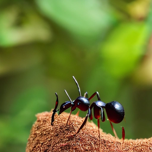 An ant stands on the top of its anthill in a botanical garden, seen from a low angle, Detailed, Hyper-realistic, Render