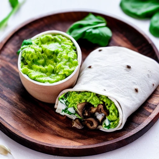 A garlic mushroom burrito with fresh spinach sliced ​​in half close-up from a high angle, steaming and delicious, served on a wooden plate with guacamole sauce, Detailed, Hyper-realistic, Render