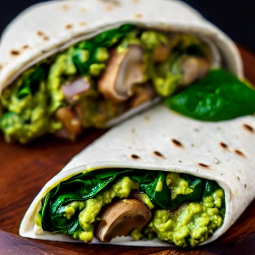 A garlic mushroom burrito with fresh spinach inside, split in half close-up from a high angle, steaming and delicious, served on a wooden plate with guacamole sauce on the side, Detailed, Hyper-realistic, Render