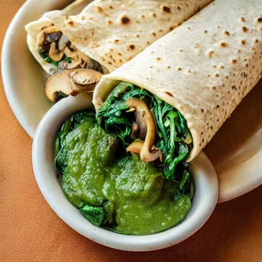 A garlic mushroom burrito with fresh spinach, split in half in close-up from a high angle, showing its mushroom and spinach filling inside and the guacamole sauce on the side, The burrito looks steamy and delicious with visible chunks of mushrooms and spinach, as well as beans and rice, Detailed, Hyper-realistic, Render