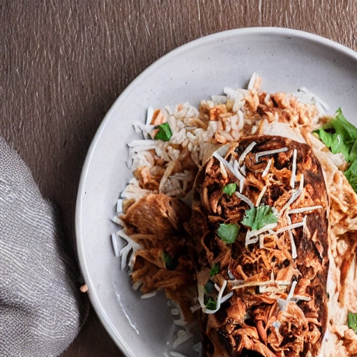 A red mole burrito with shredded chicken, split in half in close-up from a high angle, showing its mole filling with chicken, rice and refried beans, The burrito looks steamy and delicious with visible chunks of mushrooms and spinach , as well as beans and rice, is served on a mahogany wooden plate, Detailed, Hyper-realistic, Render