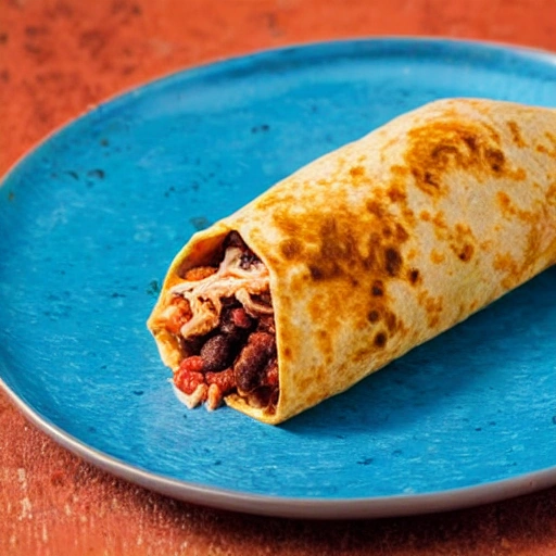 A red mole burrito with shredded chicken, split in half in close-up from a high angle, showing its chicken mole filling,The burrito looks steamy and delicious with visible chunks of chicken, rice and beans, is served on a mahogany wooden plate, Detailed, Hyper-realistic- Render