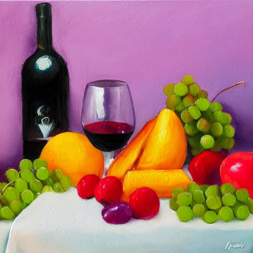 bodegon con muchas frutas y vino con una paleta de colores vivos, Oil Painting