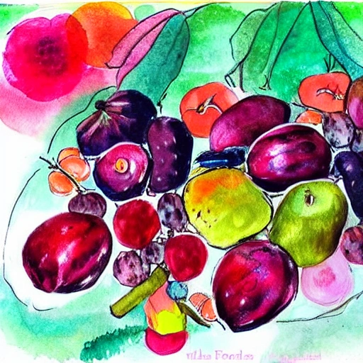 bodegon con muchas frutas y vino con una paleta de colores vivos, , Water Color