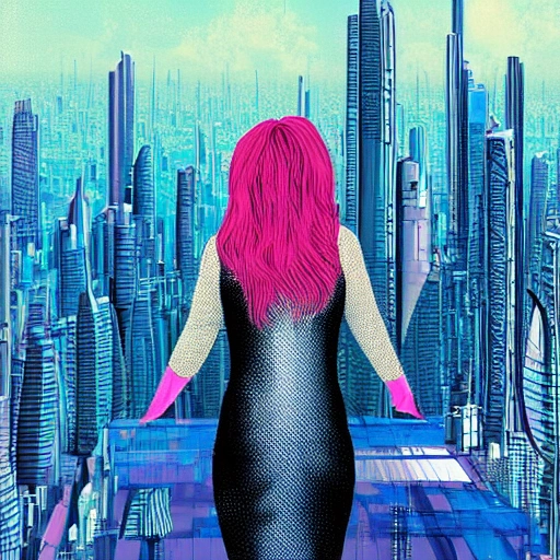 Behold a mesmerizing sight of a young woman amongst a high-tech futuristic cityscape, bursting with vibrant and extreme details , Trippy --ar 9:16 