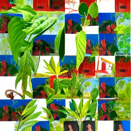 Collage de iconografia nativa Kichwa Lamas, hojas de plantas nativas al rededor, estilo andy warhol, estilo Monet, un poco de psicodelia., 3D