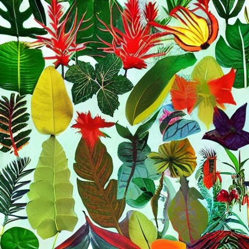 Collage de rostros nativos indigenas Kichwa Lamas, hojas de plantas nativas en las esquinas, estilo andy warhol, estilo Monet, un poco de psicodelia., 3D