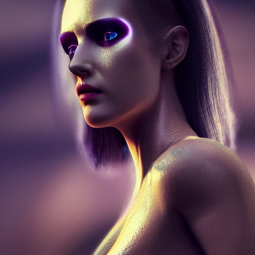 Blade Runner tribute, complete body, beautiful woman, detailed skin, face sharp focus, detailed green eyes and pupils, detailed hair, intricate details and sharp, masterpiece, global illumination, real shadow, bokeh, best quality, Replican style, photorealistic, realistic, 8k, 3d, RAW