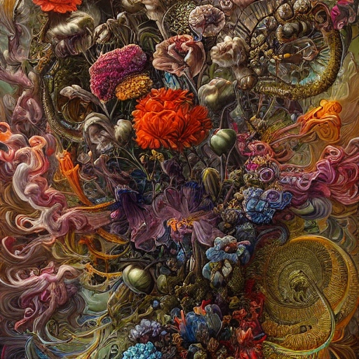 an ultra hd detailed painting of many different types of flowers by Android Jones, Earnst Haeckel, James Jean. behance contest winner, generative art, Baroque, intricate patterns, fractalism, rococo