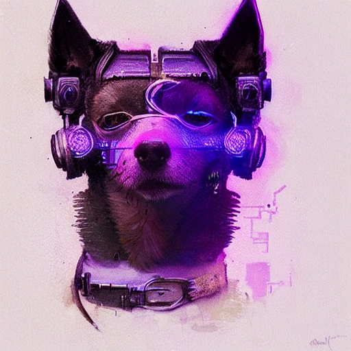 a beautiful portrait of a cute cyberpunk dog by greg rutkowski and wlop, purple blue color scheme, high key lighting, digital art, highly detailed, fine detail, intricate, ornate, complex 