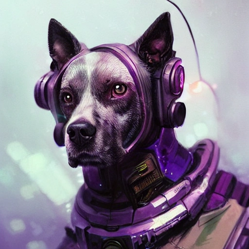 a beautiful portrait of a cute cyberpunk dog by greg rutkowski and wlop, purple blue color scheme, high key lighting, digital art, highly detailed, fine detail, intricate, ornate, complex 