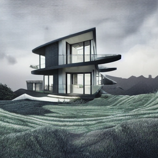 exterior view of modern futuristic haunted house architecture, on a hill with a view overlooking the city, lightning in grey skies, detailed luminescent oil painting 4 k, 3D