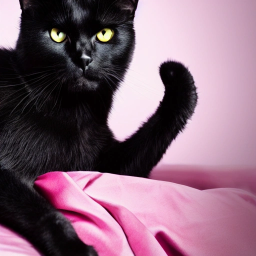 A black cat on a bed wearing a pink underware, Detailed, Hyperrealistic, Render