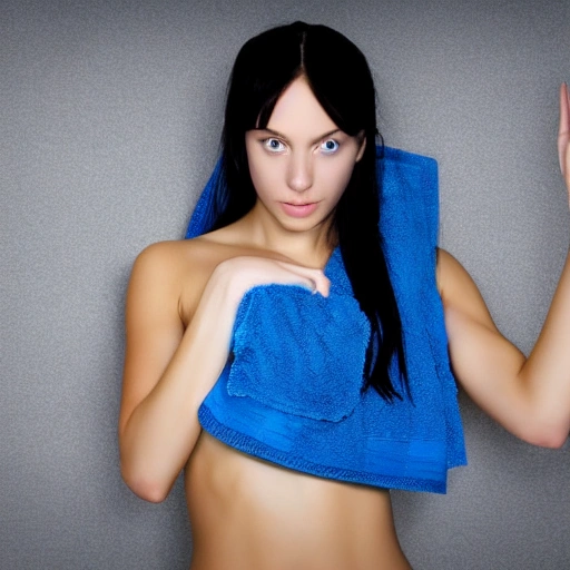 bathroom background, BREAK
(1girl), looking at camera, black long hair, blue eyes, fit, (naked), ((covering herself with a towel)), close up,  ((embarassed))