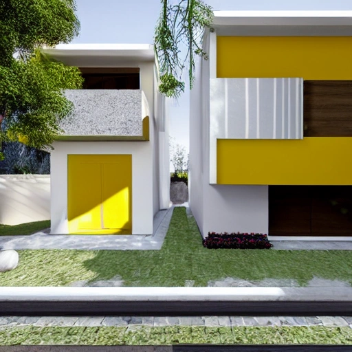 casa en concreto de tres pisos con estilo moderno y con fofrma de un arbol con hojas amarillas , 3D