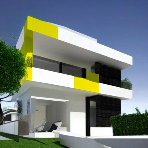 casa en concreto de tres pisos con estilo moderno y con forma de un arbol con hojas amarillas , 3D