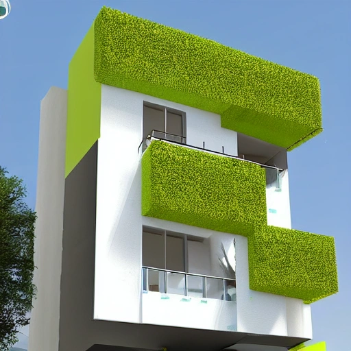 edificio de tres pisos en concreto con estilo moderno y forma de un arbol con hojas amarillas , 3D