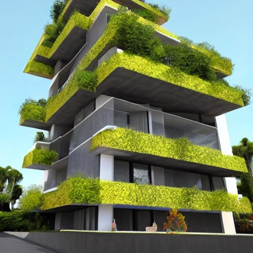 edificio de tres pisos en concreto con estilo moderno y forma de un arbol con hojas amarillas , 3D