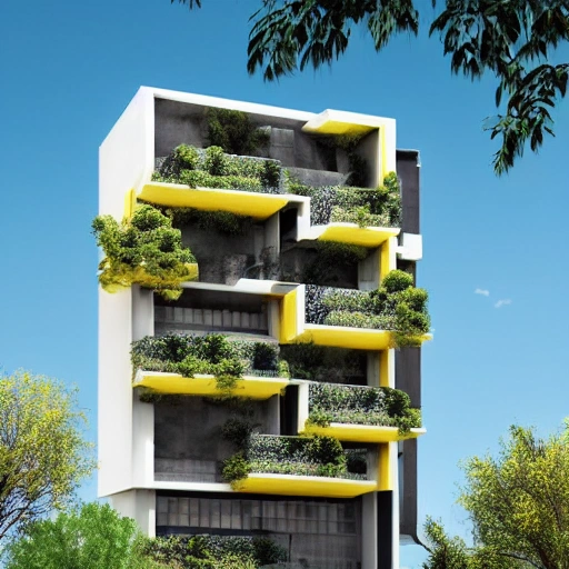 edificio de tres pisos en concreto con estilo moderno y forma de un arbol con hojas amarillas , 3D