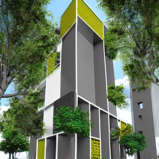 edificio central de tres pisos en concreto con estilo moderno y forma de un arbol con hojas amarillas , 3D