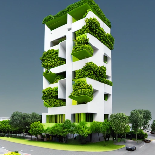 edificio central de tres pisos en concreto con estilo moderno y forma de un arbol con hojas amarillas , 3D