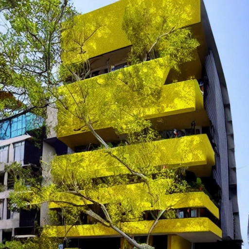 edificio central de tres pisos en concreto con estilo moderno y forma de un arbol con hojas amarillas , 3D