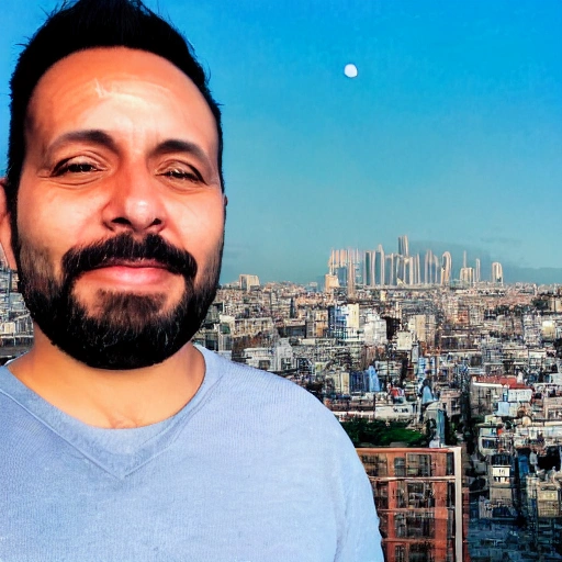 ,high quality, latin man, age 40 years, thin skin, with short beard, short hair, a futuristic city in the background, flashes of two moons in the sky