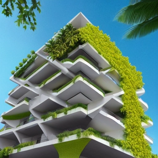 edificio central de tres pisos en concreto con estilo moderno y forma de un arbol con hojas amarillas , 3D