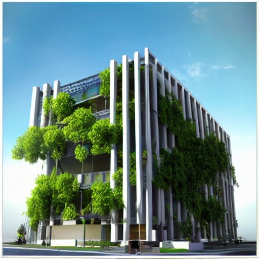 edificio centralcon vacios, de tres pisos en concreto con estilo moderno y forma de un arbol con hojas amarillas , 3D