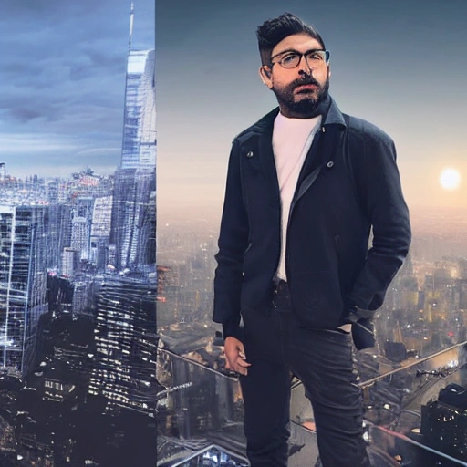 3d, high quality, latino man, age 40, thin skin, short beard, short hair, a futuristic city in the background, flashes of two moons in the sky, his clothes are futuristic and his gaze is deep